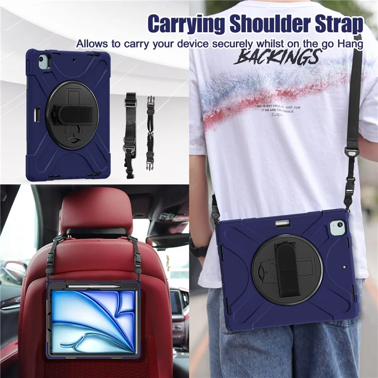 Pour iPad Air 13 (2024) Étui de support Kickstand Coque TPU+PC+Silicone avec bandoulière - Bleu marine