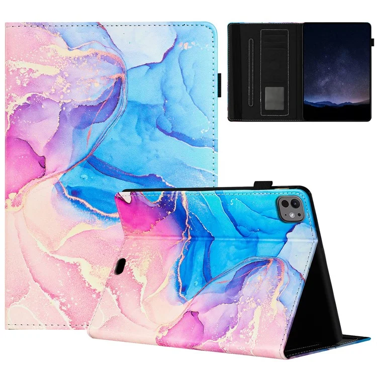 Pour iPad Pro 11 (2024) Smart Case Marble Leather Cover Card Slots Multi-Viewing Angels - Rose / Bleu