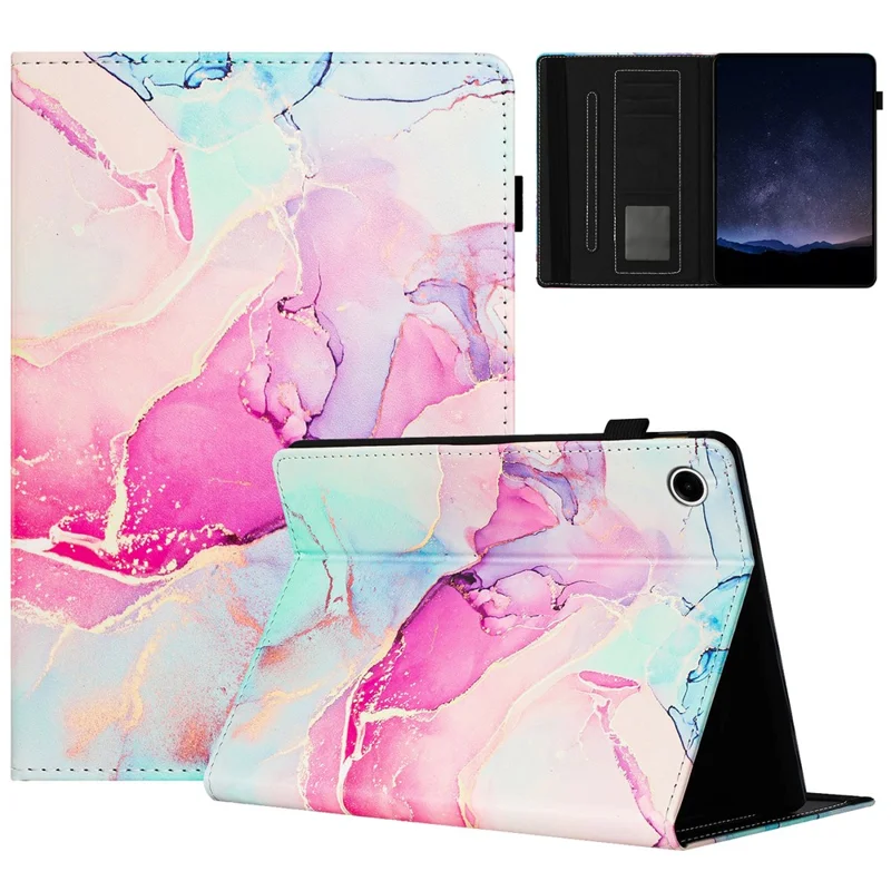 For Samsung Galaxy Tab A8 10.5 (2021) X200 X205 / (2022) Case Leather Business Folio Cover Marble Printing - Pink