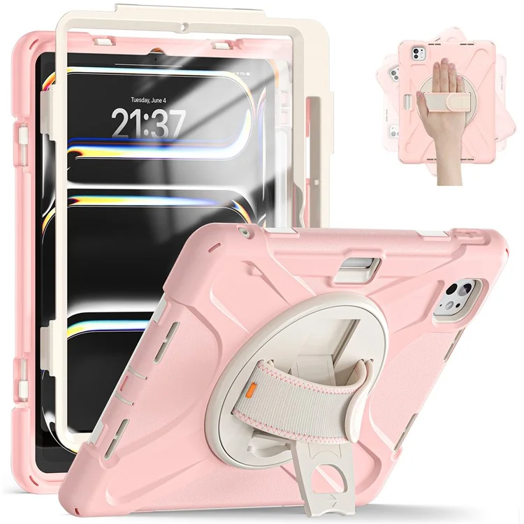 For iPad Pro 13 (2024) Case TPU+PC+Silicone Kickstand Tablet Cover with Pen Slot - Pink