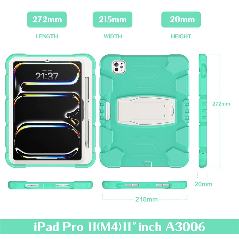 For iPad Pro 11 (2025) / 11 (2024) Case PC+Silicone Tablet Cover with Kickstand - Mint Green