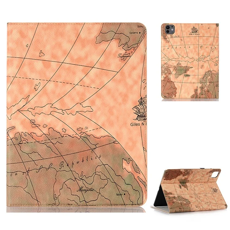 For iPad Pro 13 (2024) Case Wallet Map Pattern PU Leather Folio Tablet Cover Auto Wake / Sleep - Brown