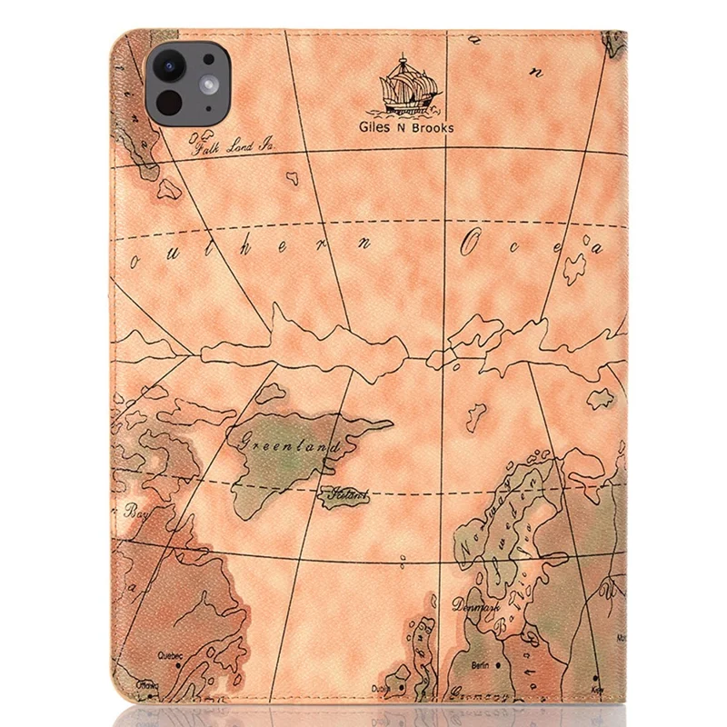For iPad Pro 11 (2025) / 11 (2024) Case Auto Wake / Sleep Leather Tablet Cover Map Pattern Card Slots - Brown