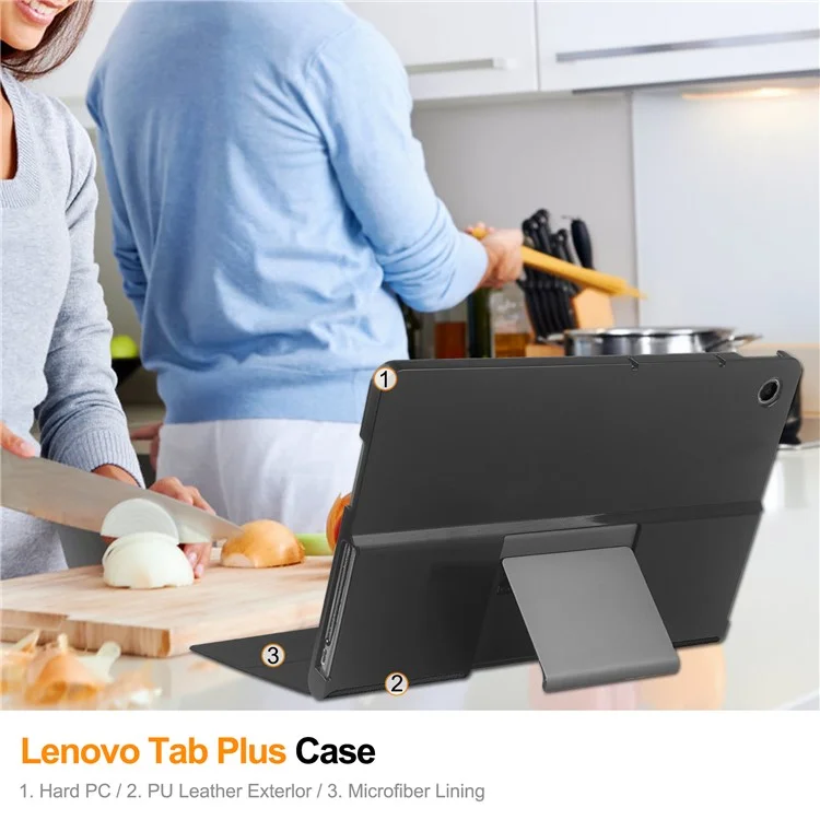 Funda de pie para Lenovo Tab Plus, a prueba de golpes, de piel - negro