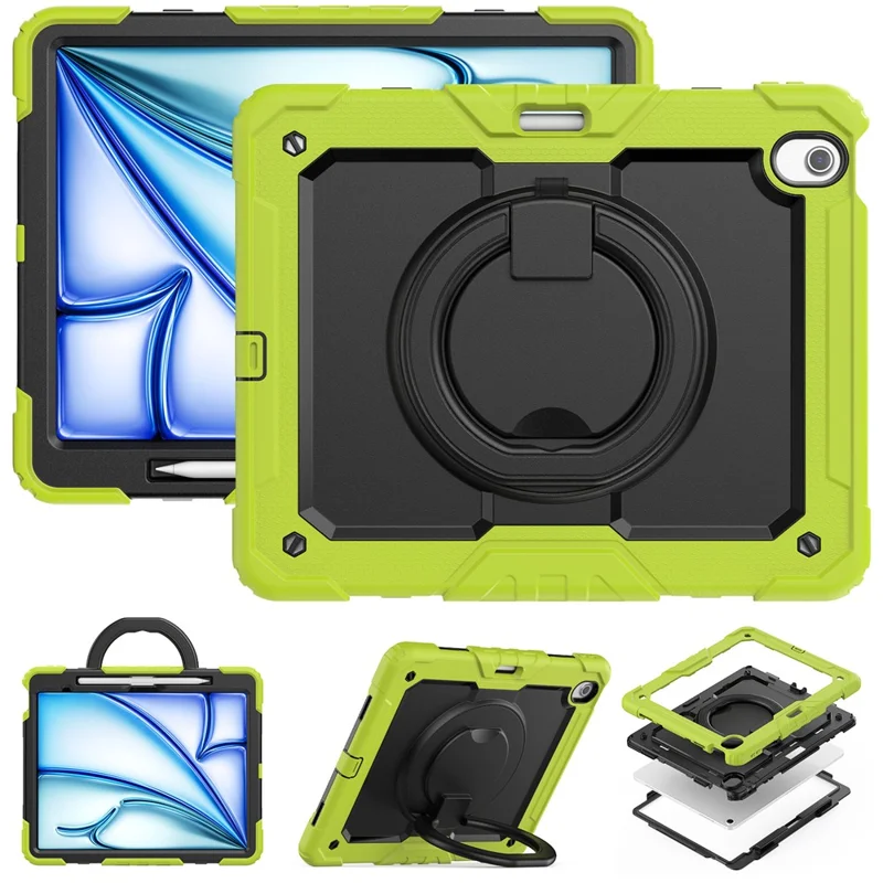Pour iPad Air 13 (2024) Étui en PC + Silicone Housse de Tablette avec Support, Sangle - Vert Jaune