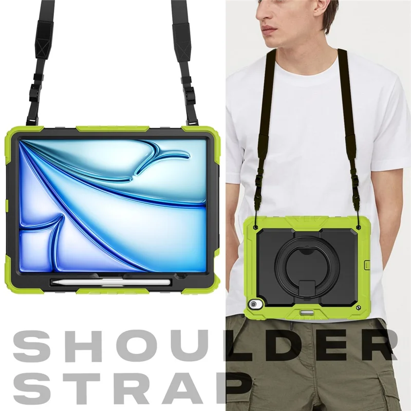 Pour iPad Air 13 (2024) Étui en PC + Silicone Housse de Tablette avec Support, Sangle - Vert Jaune
