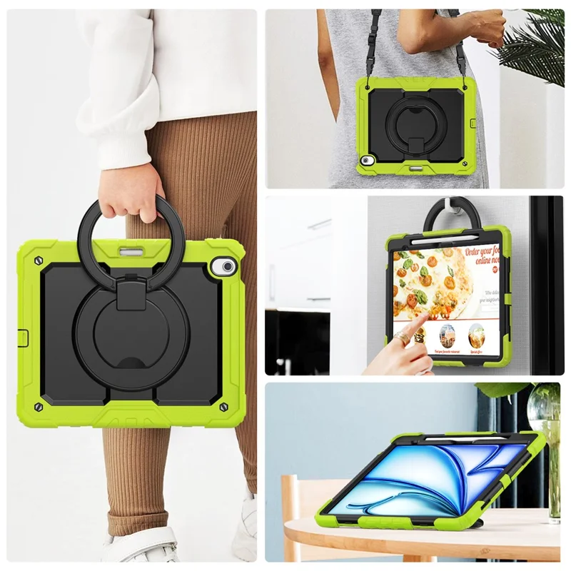 Pour iPad Air 13 (2024) Étui en PC + Silicone Housse de Tablette avec Support, Sangle - Vert Jaune