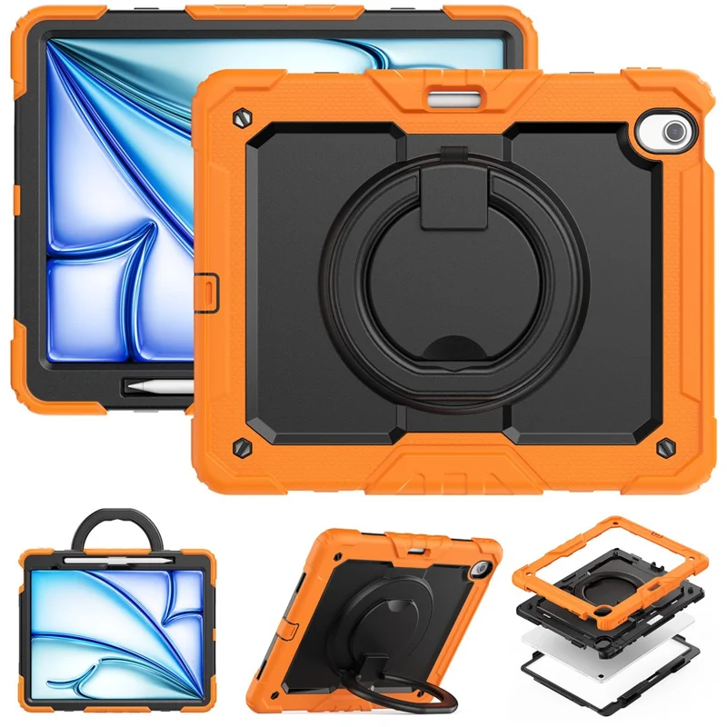 For iPad Air 13 (2026) / (2025) / (2024) Case PC+Silicone Tablet Cover with Kickstand, Strap - Orange