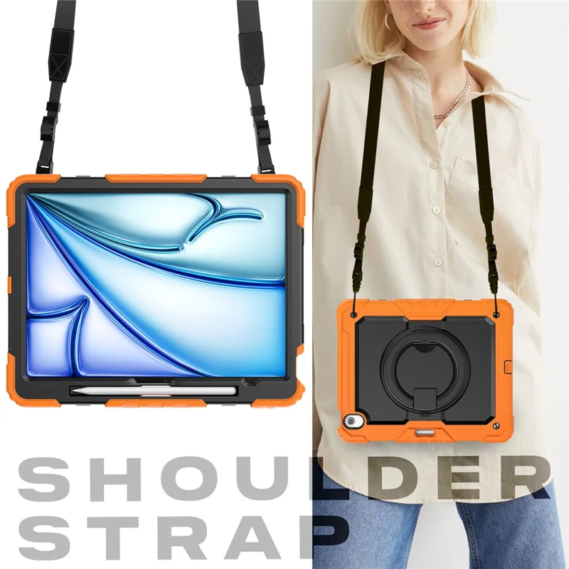 For iPad Air 13 (2026) / (2025) / (2024) Case PC+Silicone Tablet Cover with Kickstand, Strap - Orange