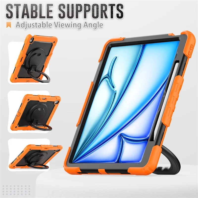 For iPad Air 13 (2026) / (2025) / (2024) Case PC+Silicone Tablet Cover with Kickstand, Strap - Orange