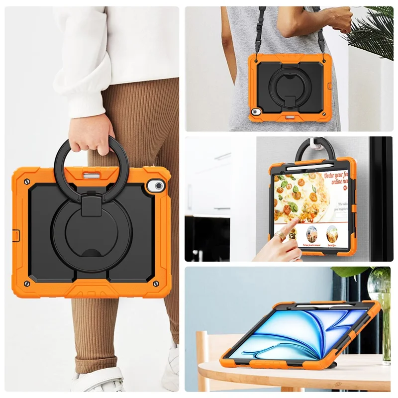 For iPad Air 13 (2026) / (2025) / (2024) Case PC+Silicone Tablet Cover with Kickstand, Strap - Orange