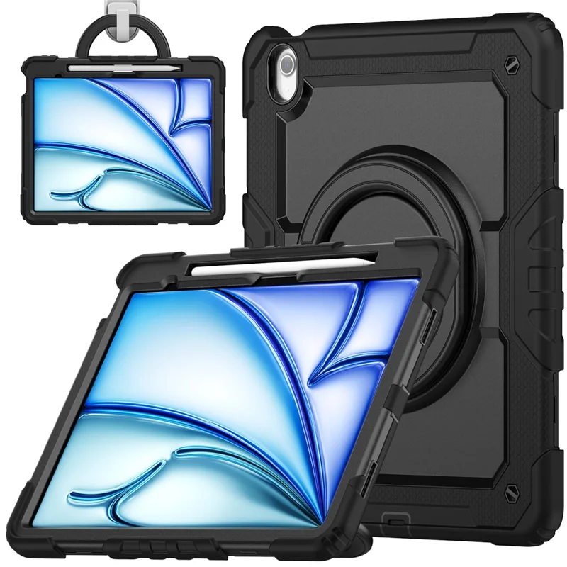For iPad Air 13 (2026) / (2025) / (2024) Case PC+Silicone Tablet Cover with Kickstand, Strap - Black