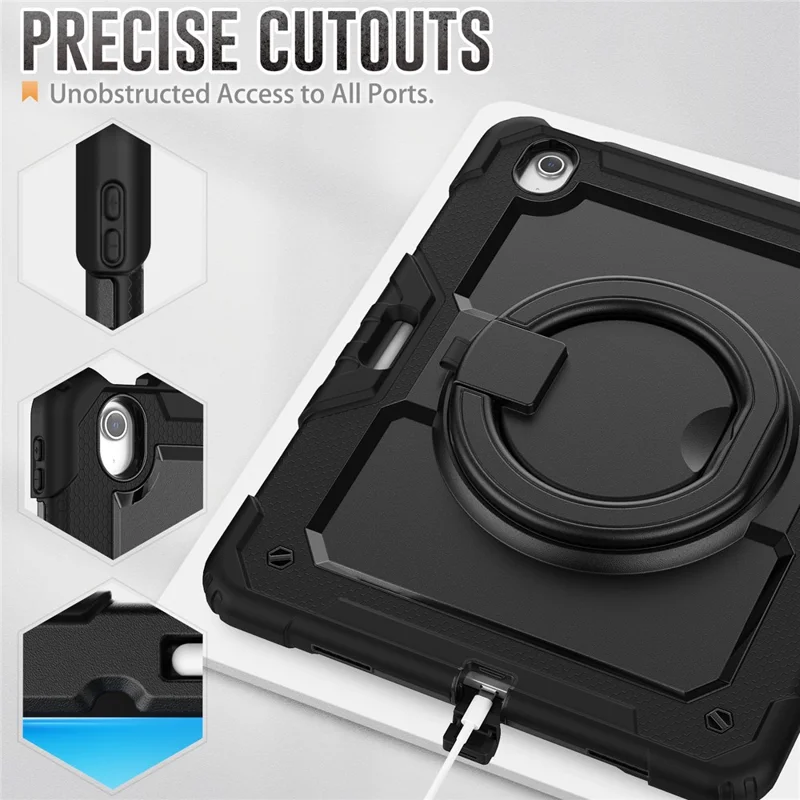 For iPad Air 13 (2026) / (2025) / (2024) Case PC+Silicone Tablet Cover with Kickstand, Strap - Black