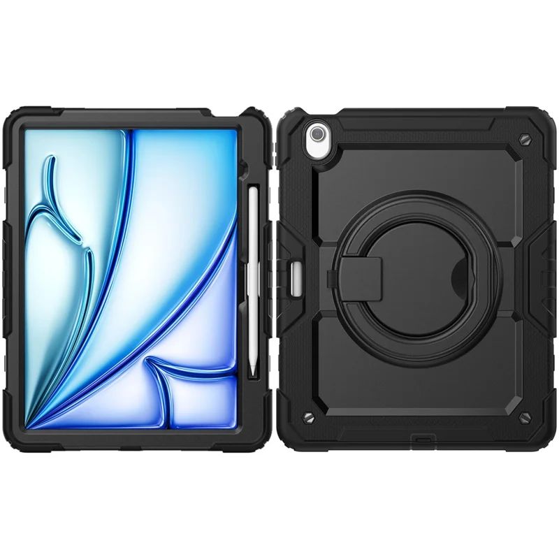 For iPad Air 13 (2026) / (2025) / (2024) Case PC+Silicone Tablet Cover with Kickstand, Strap - Black