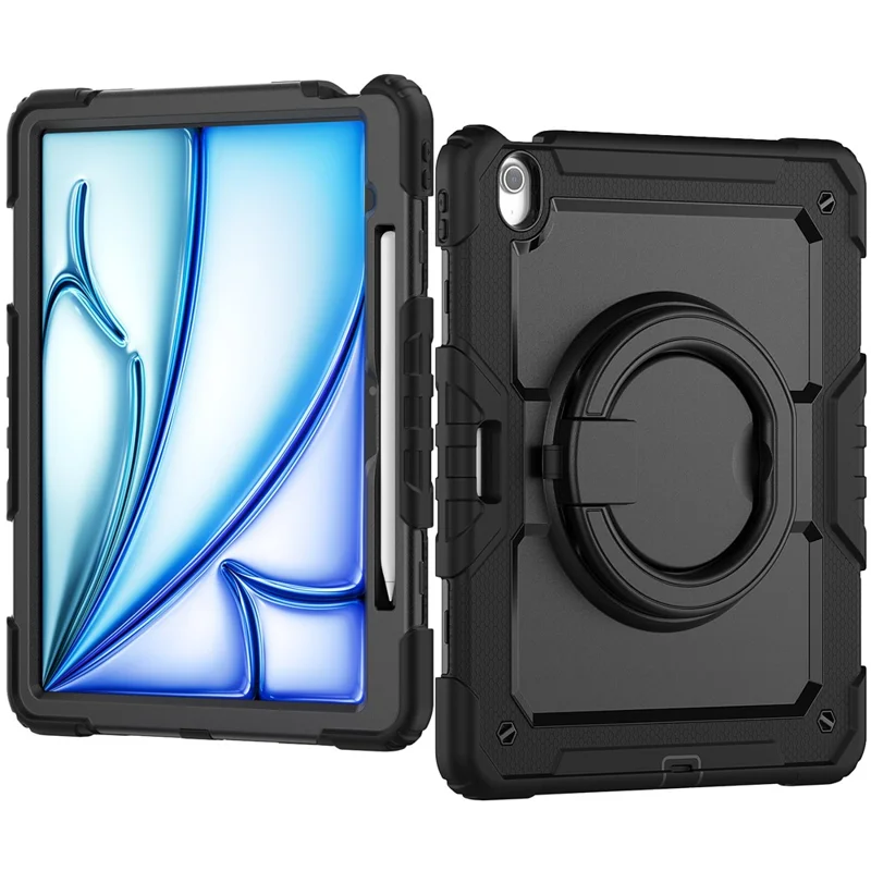 For iPad Air 13 (2026) / (2025) / (2024) Case PC+Silicone Tablet Cover with Kickstand, Strap - Black