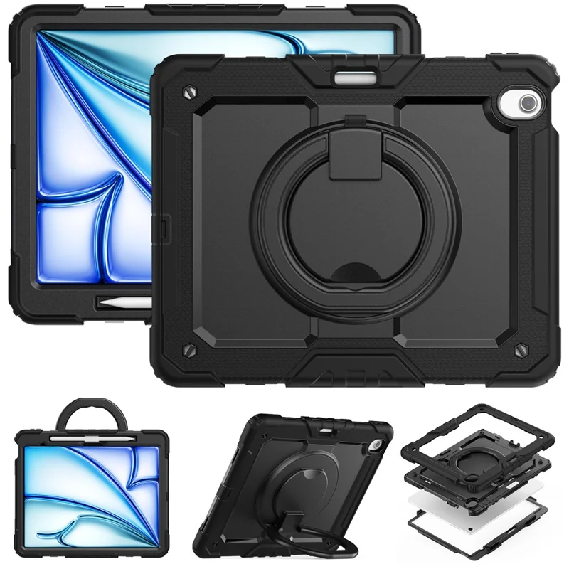For iPad Air 13 (2026) / (2025) / (2024) Case PC+Silicone Tablet Cover with Kickstand, Strap - Black