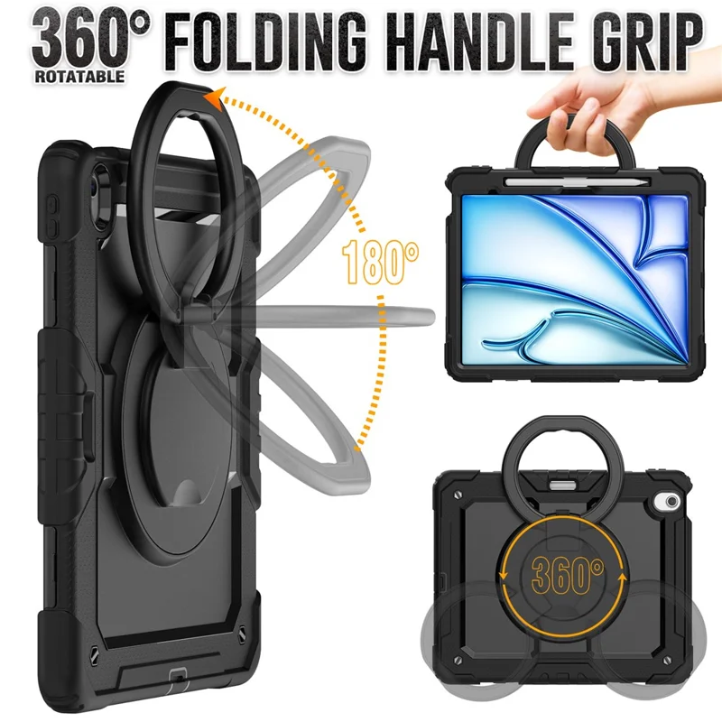 For iPad Air 13 (2026) / (2025) / (2024) Case PC+Silicone Tablet Cover with Kickstand, Strap - Black