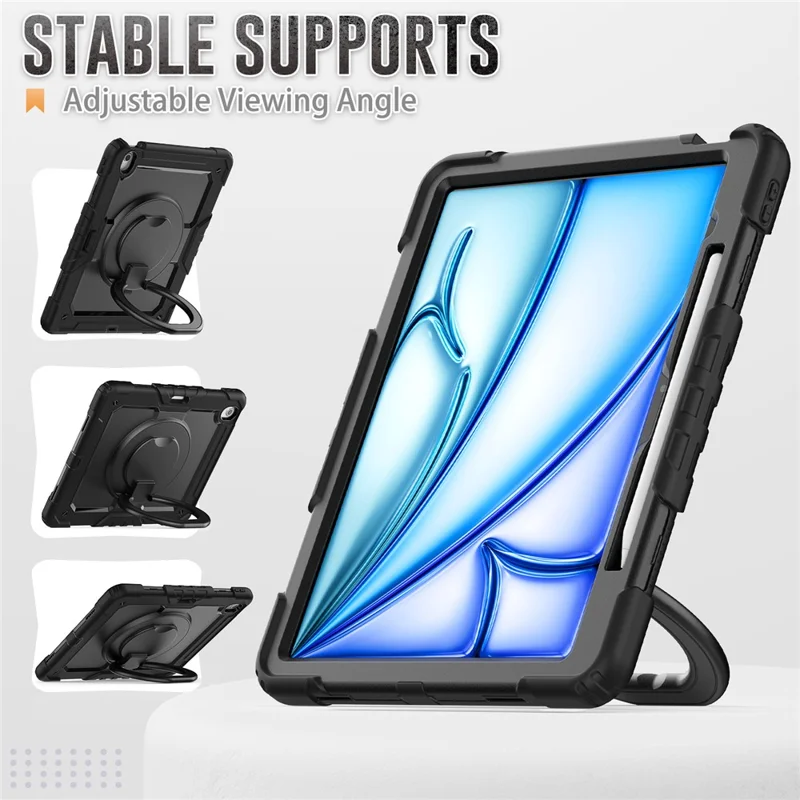 For iPad Air 13 (2026) / (2025) / (2024) Case PC+Silicone Tablet Cover with Kickstand, Strap - Black