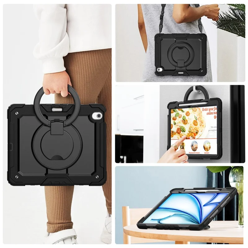 For iPad Air 13 (2026) / (2025) / (2024) Case PC+Silicone Tablet Cover with Kickstand, Strap - Black