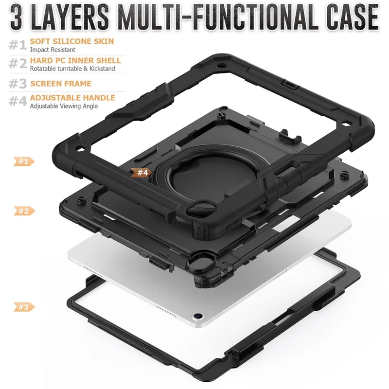 For iPad Air 13 (2026) / (2025) / (2024) Case PC+Silicone Tablet Cover with Kickstand, Strap - Black