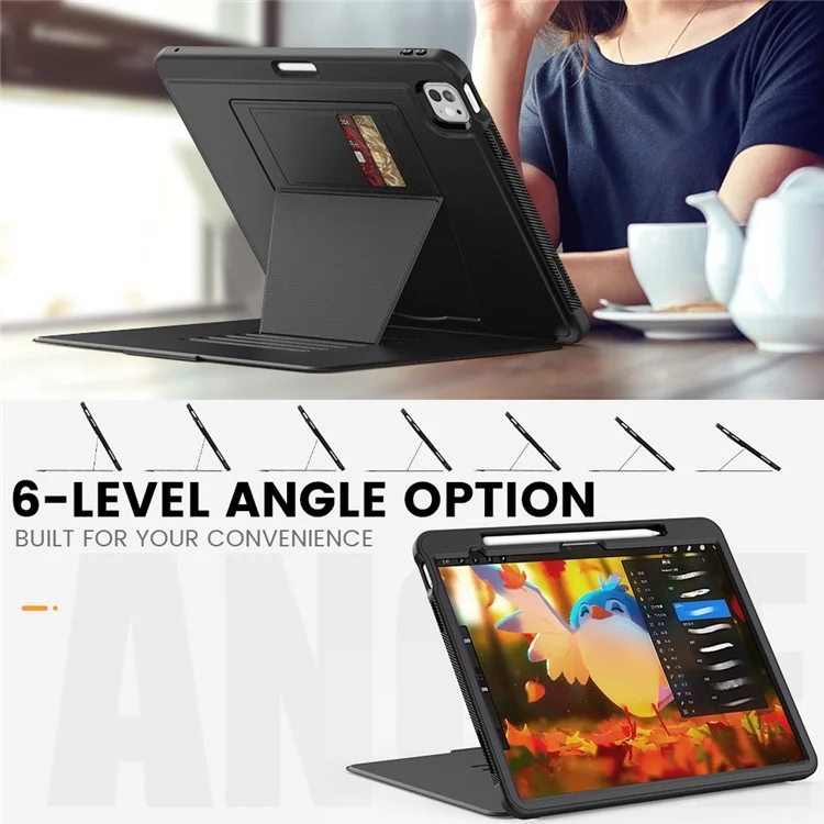Estilo B para iPad Pro 13 (2024) Capa de Suporte PC+TPU+PU à Prova de Choques Capa de Tablet com Slots para Cartão - Preto