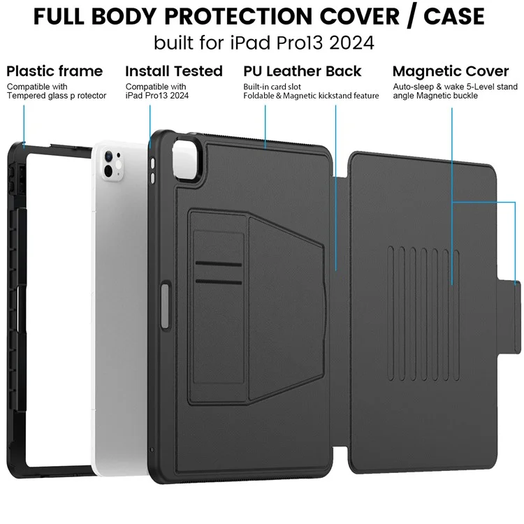 Estilo B para iPad Pro 13 (2024) Capa de Suporte PC+TPU+PU à Prova de Choques Capa de Tablet com Slots para Cartão - Preto