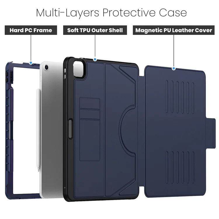Pour iPad Air 13 (2024) Étui avec fentes pour cartes PC+TPU+PU Support en U Couverture tablette - Bleu marine