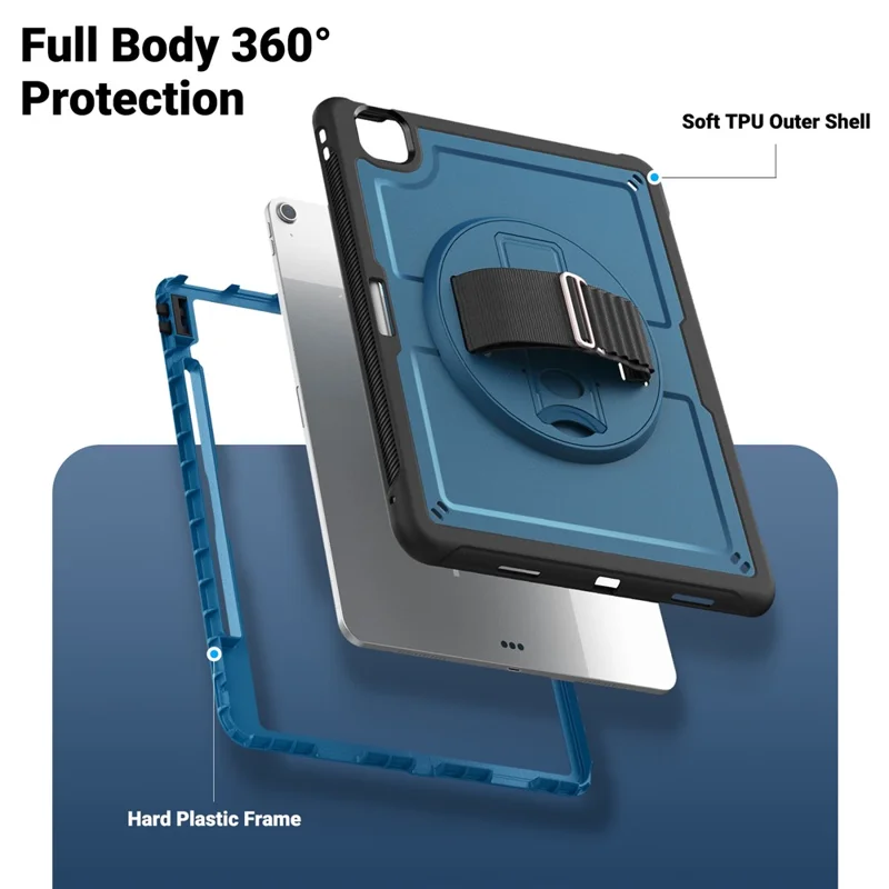 Para iPad Air 13 (2024) Kickstand Case PC+TPU Capa de Tablet com Alça de Ombro - Azul Marinho