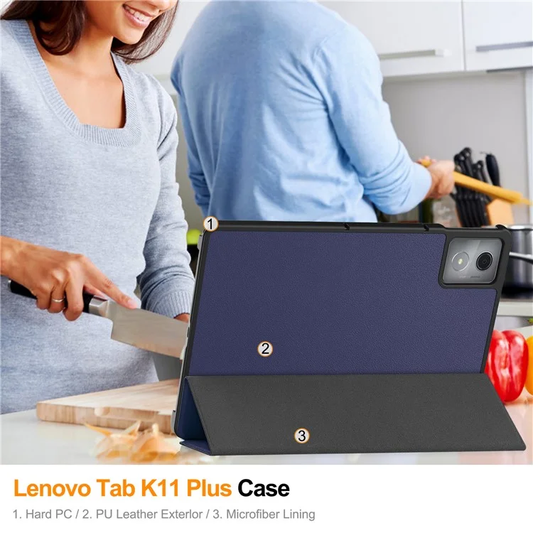 Чехол-подставка для планшета Lenovo Tab K11 Plus, ударопрочный, с кожаным покрытием - Темно-синий