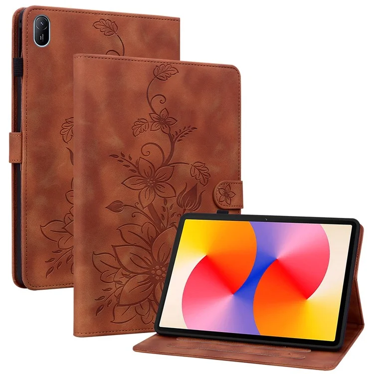 Para Huawei MatePad SE 11 Capa Impressão de Flor de Lírio Couro Capa de Tablet com Slots para Cartões - Marrom