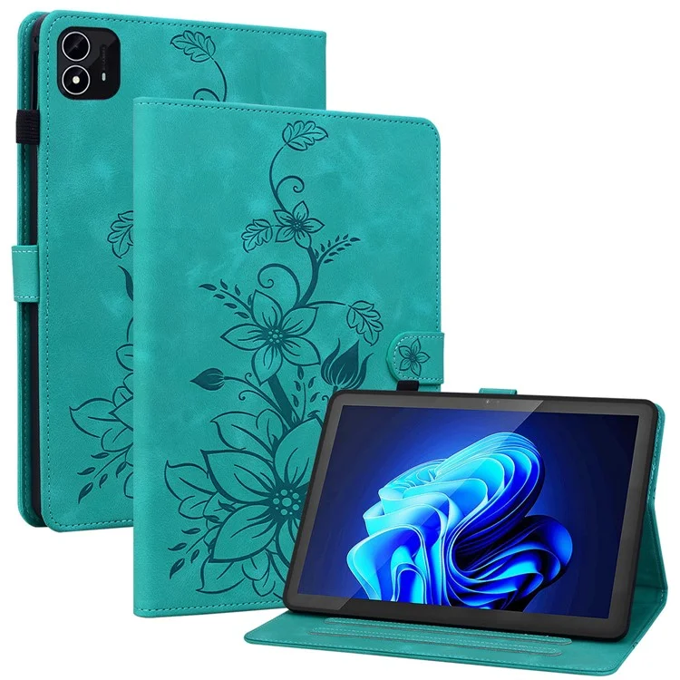 For itel Pad One Case with Card Slots Lily Flower Imprint Leather Tablet Cover - Green