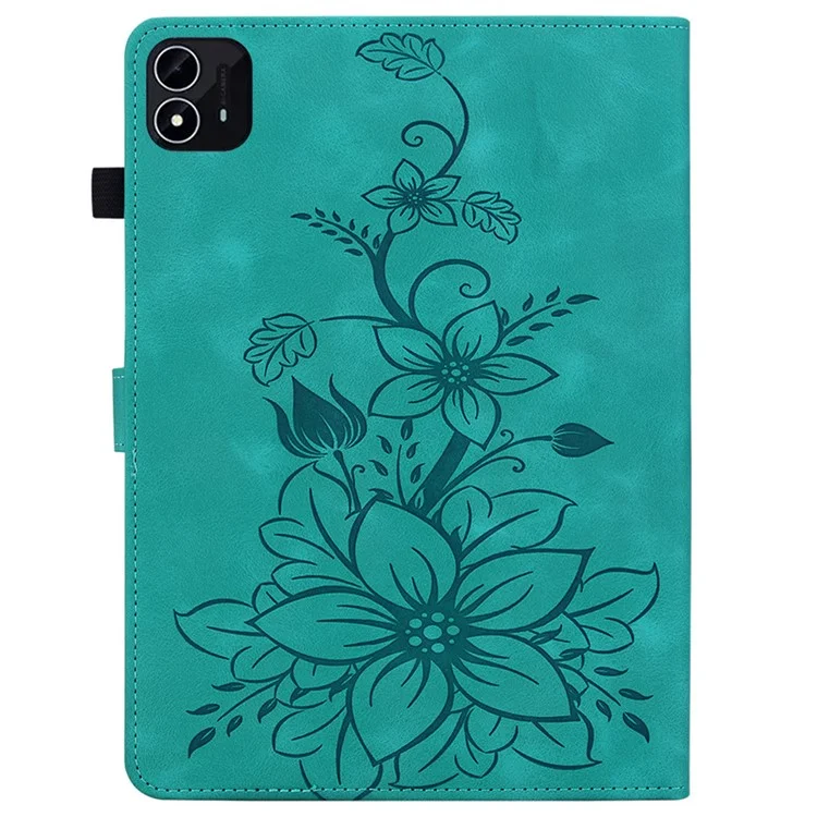 For itel Pad One Case with Card Slots Lily Flower Imprint Leather Tablet Cover - Green