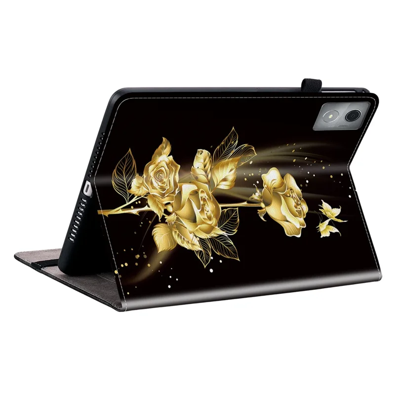For Lenovo Tab K11 Plus Stand Case Pattern Print Card Slots PU Leather Tablet Cover - Gold Butterfly Rose