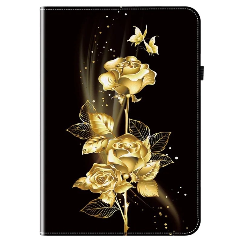 For Lenovo Tab K11 Plus Stand Case Pattern Print Card Slots PU Leather Tablet Cover - Gold Butterfly Rose
