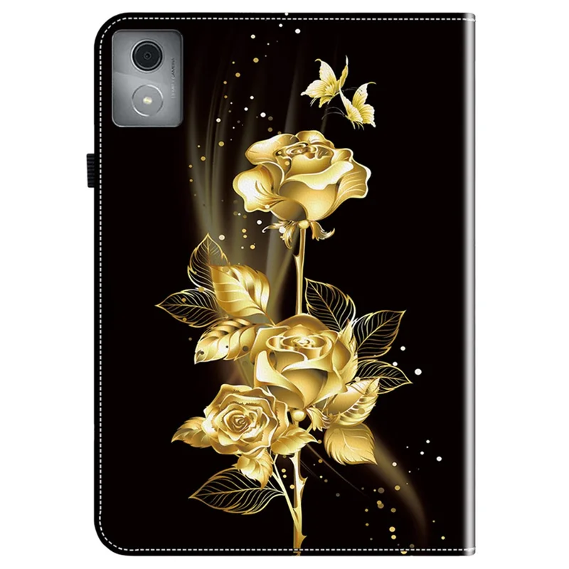 For Lenovo Tab K11 Plus Stand Case Pattern Print Card Slots PU Leather Tablet Cover - Gold Butterfly Rose