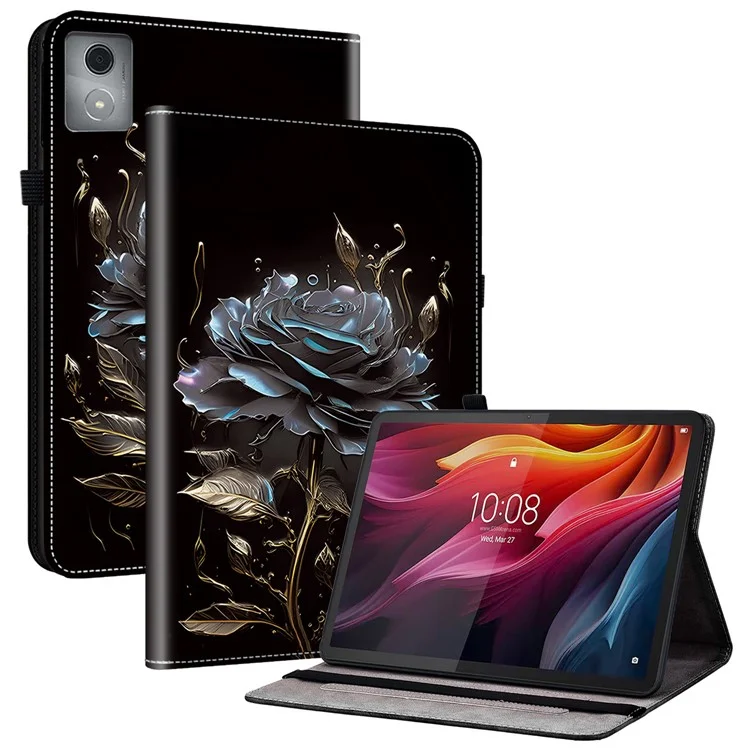 For Lenovo Tab K11 Plus Stand Case Pattern Print Card Slots PU Leather Tablet Cover - Black Rose