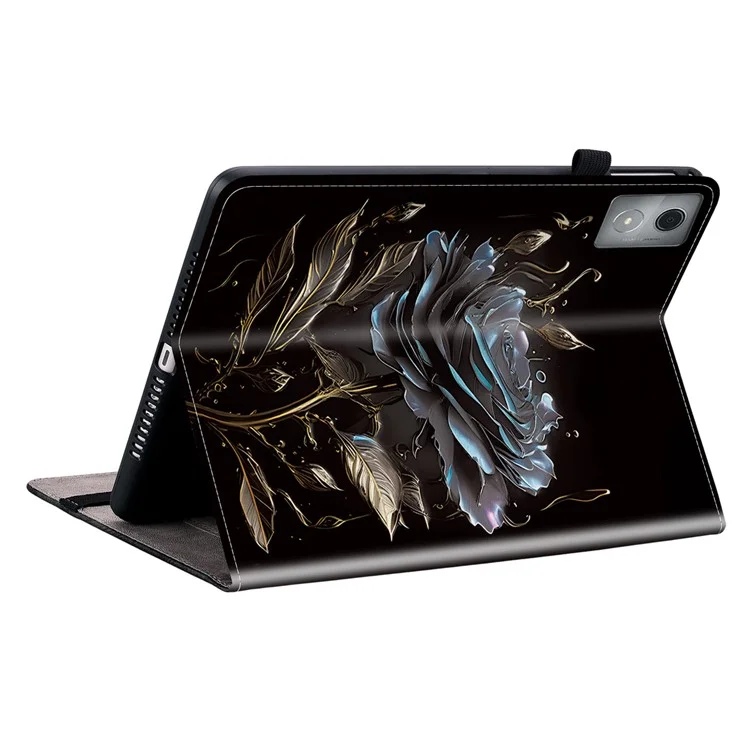 For Lenovo Tab K11 Plus Stand Case Pattern Print Card Slots PU Leather Tablet Cover - Black Rose