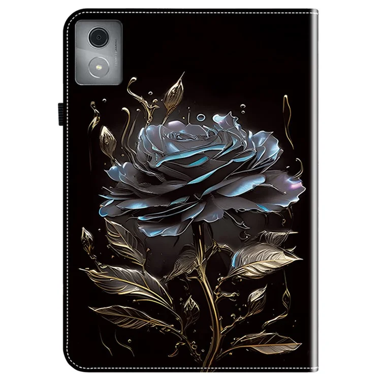 For Lenovo Tab K11 Plus Stand Case Pattern Print Card Slots PU Leather Tablet Cover - Black Rose
