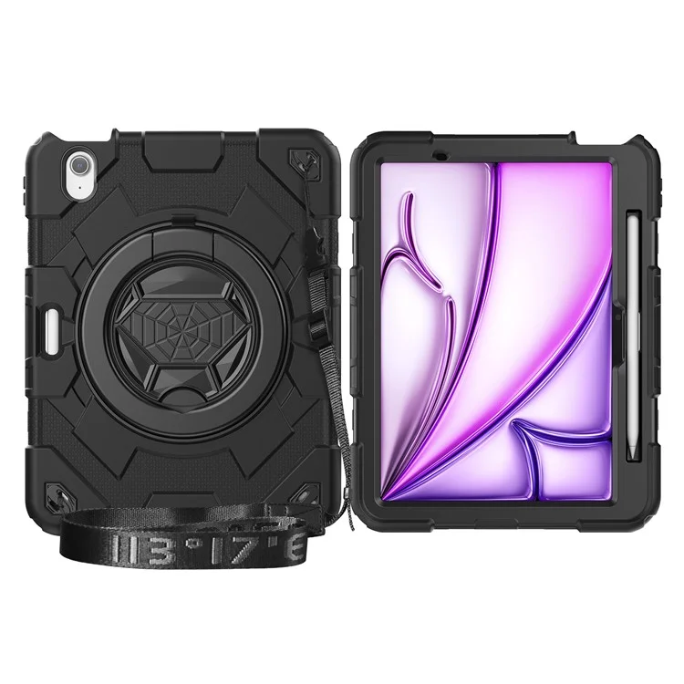 For iPad Air 11 (2025) / (2024) Case Spider Style Hand Grip Kickstand PC+Silicone Tablet Cover with Shoulder Strap - Black