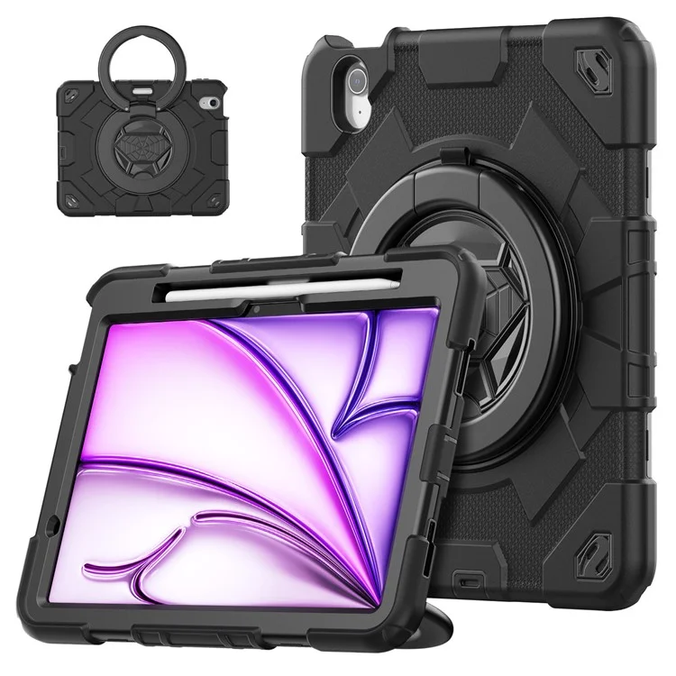 For iPad Air 11 (2025) / (2024) Case Spider Style Hand Grip Kickstand PC+Silicone Tablet Cover with Shoulder Strap - Black