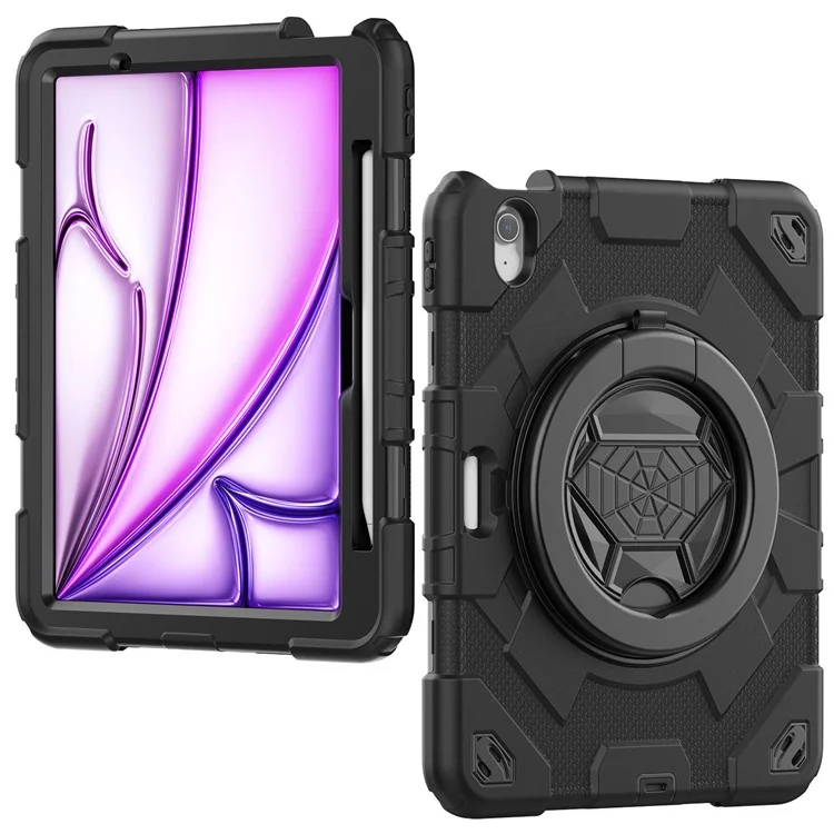For iPad Air 11 (2025) / (2024) Case Spider Style Hand Grip Kickstand PC+Silicone Tablet Cover with Shoulder Strap - Black