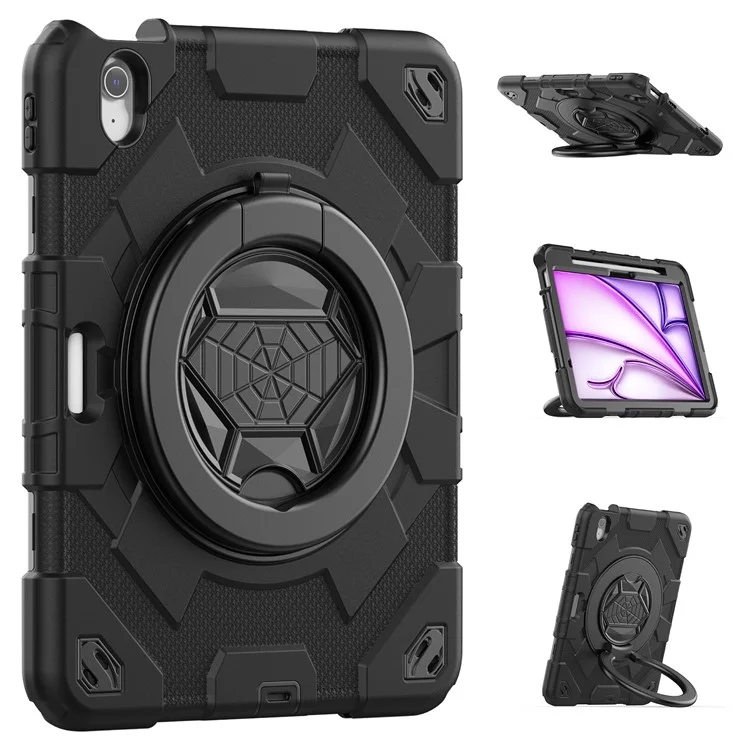 For iPad Air 11 (2025) / (2024) Case Spider Style Hand Grip Kickstand PC+Silicone Tablet Cover with Shoulder Strap - Black
