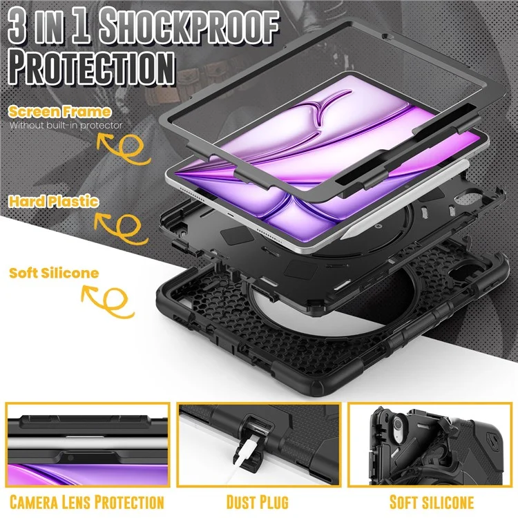 For iPad Air 11 (2025) / (2024) Case Spider Style Hand Grip Kickstand PC+Silicone Tablet Cover with Shoulder Strap - Black