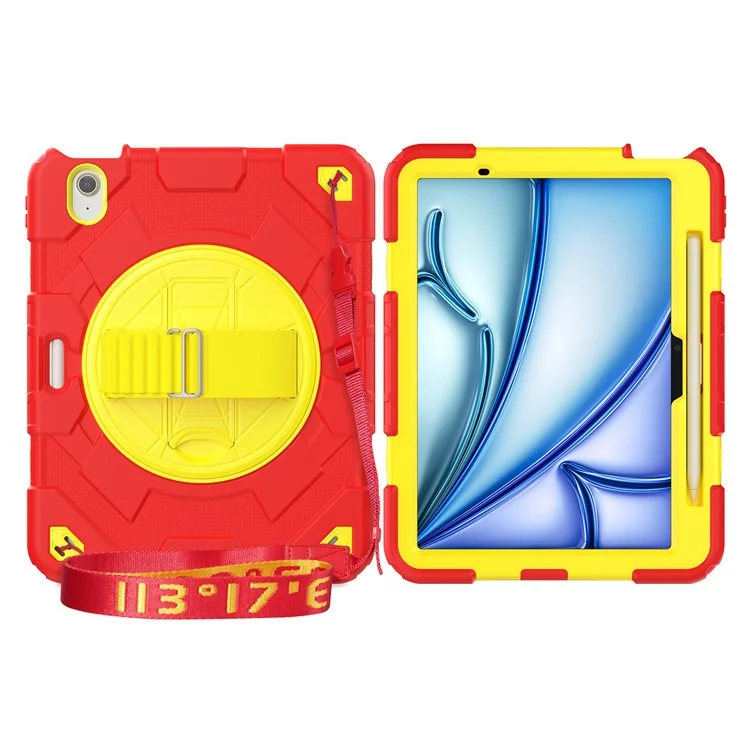 For iPad Air 11 (2025) / (2024) Case Kickstand Hand Strap PC+Silicone Tablet Cover with Shoulder Strap - Red+Yellow