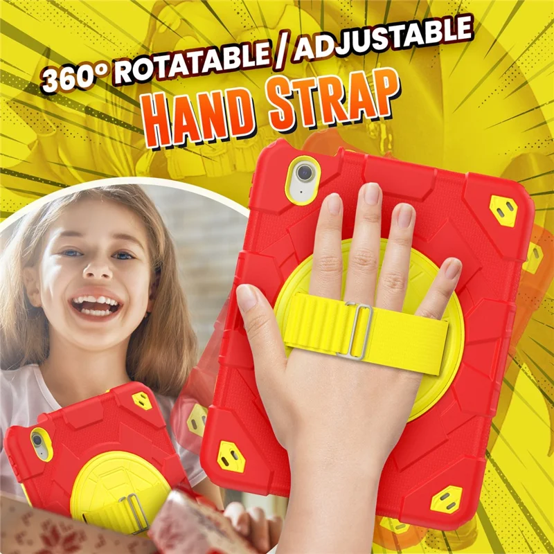 For iPad Air 11 (2025) / (2024) Case Kickstand Hand Strap PC+Silicone Tablet Cover with Shoulder Strap - Red+Yellow