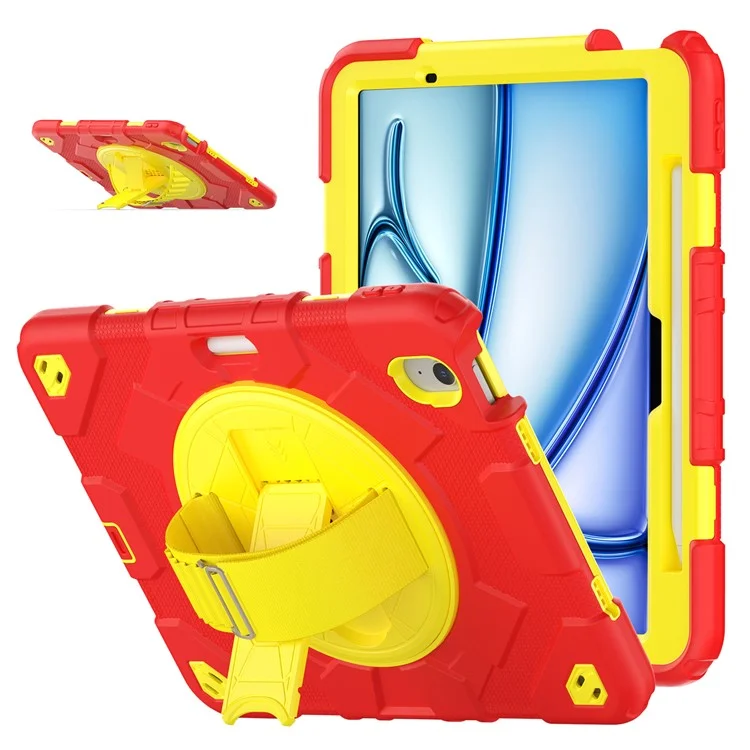 For iPad Air 11 (2025) / (2024) Case Kickstand Hand Strap PC+Silicone Tablet Cover with Shoulder Strap - Red+Yellow