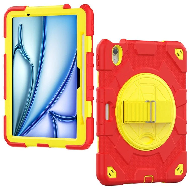 For iPad Air 11 (2025) / (2024) Case Kickstand Hand Strap PC+Silicone Tablet Cover with Shoulder Strap - Red+Yellow