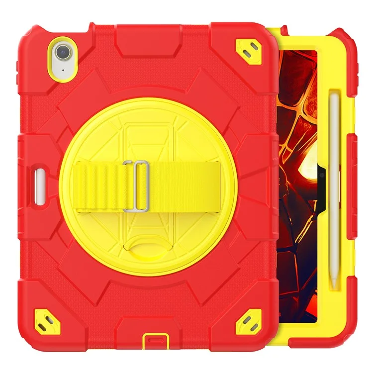 For iPad Air 11 (2025) / (2024) Case Kickstand Hand Strap PC+Silicone Tablet Cover with Shoulder Strap - Red+Yellow