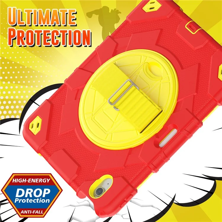 For iPad Air 11 (2025) / (2024) Case Kickstand Hand Strap PC+Silicone Tablet Cover with Shoulder Strap - Red+Yellow
