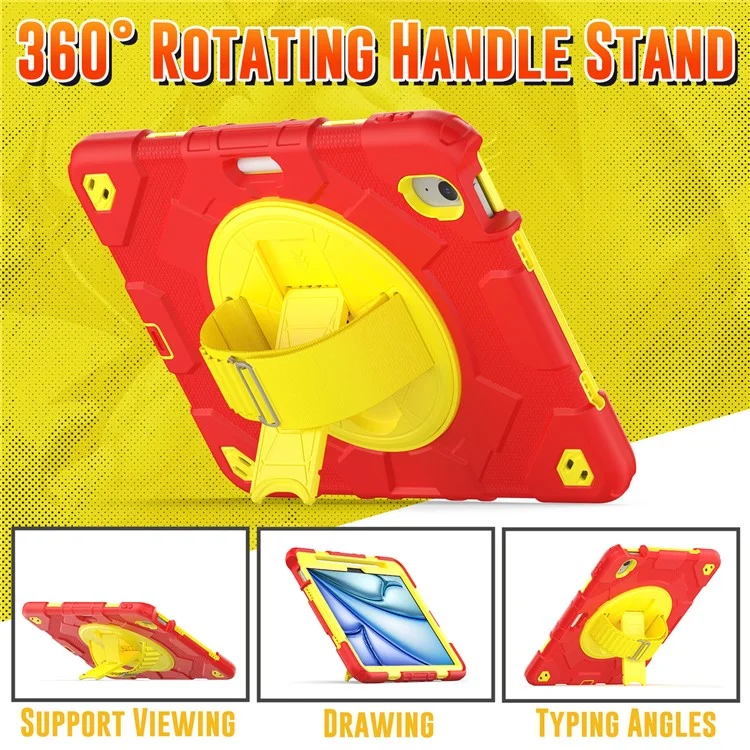 For iPad Air 11 (2025) / (2024) Case Kickstand Hand Strap PC+Silicone Tablet Cover with Shoulder Strap - Red+Yellow